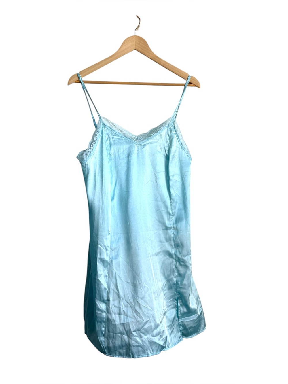Vintage Satin Slip Dress Nightgown Lace Trim Light Blue Adjustable Straps OS - Picture 1 of 8